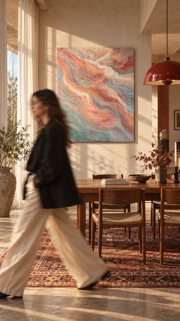 Woman in motion blur crossing a Scandinavian-modernist dining room, wide-leg trousers, black oversized jacket, slow shutter ghosting, warm Baltic afternoon light, on the wall, the center of the photo, there is the product - a painting in size 100 x 120 cm hang on the wall , teak furniture, Persian kilim rug, red enamel pendant lamp, Kodak Portra 400, 35mm, muted cream and vermillion palette, shallow focus foreground subject. @MAZAL